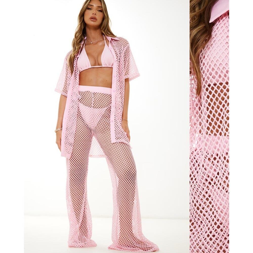 PrettyLittleThing Pink Net Oversized Short Sleeve Button up Beach Shirt US 6
